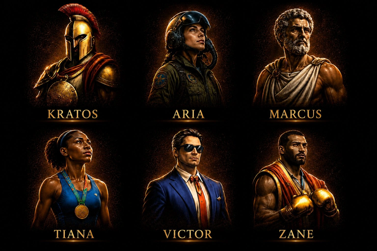 Your Titan Council — Kratos, Aria, Marcus, Tiana, Victor, Zane